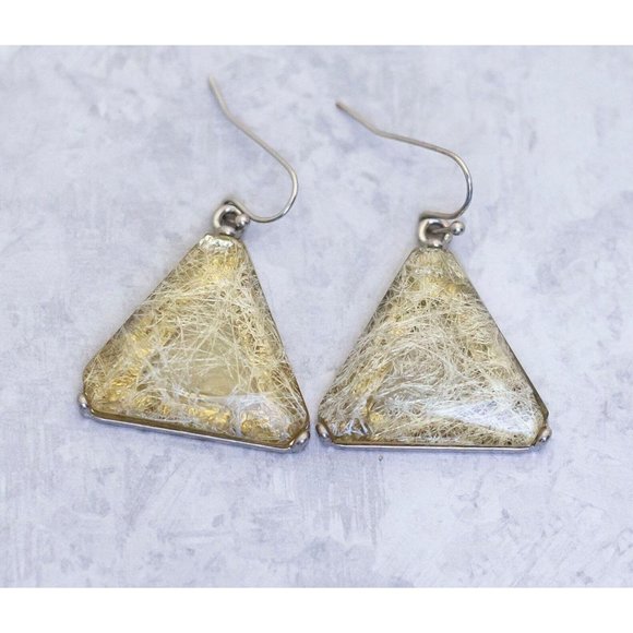 Vintage Triangle Beige Stone Geometric Silver Tone Dangle Earrings - CF1 - Picture 1 of 2